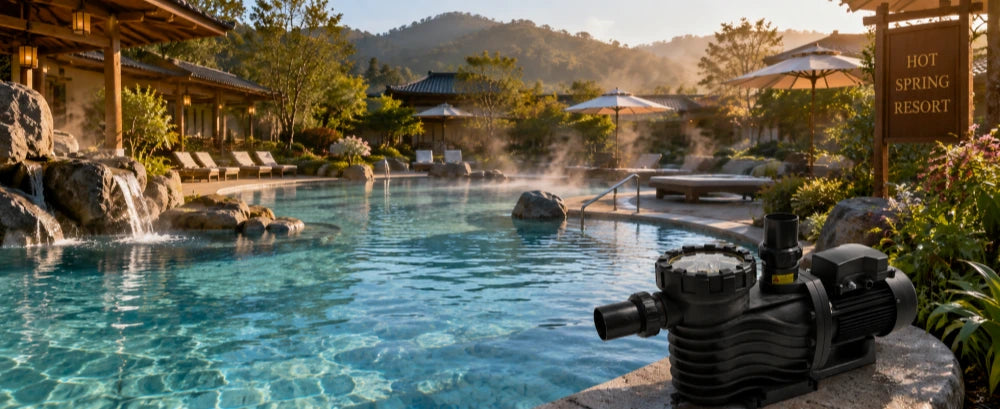 Corrosion resistant pool pump handling thermal hot spring water at 60 degrees Celsius
