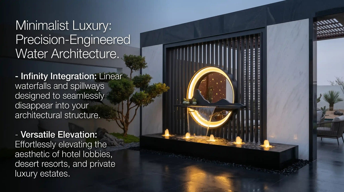 Minimalist reflecting pool water feature with blade waterfall edge
