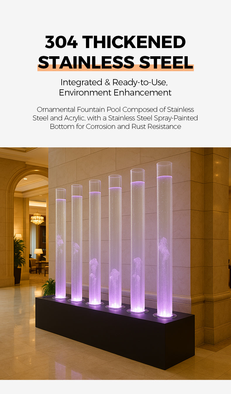 Stainless steel fountain with purple lights in a building interior