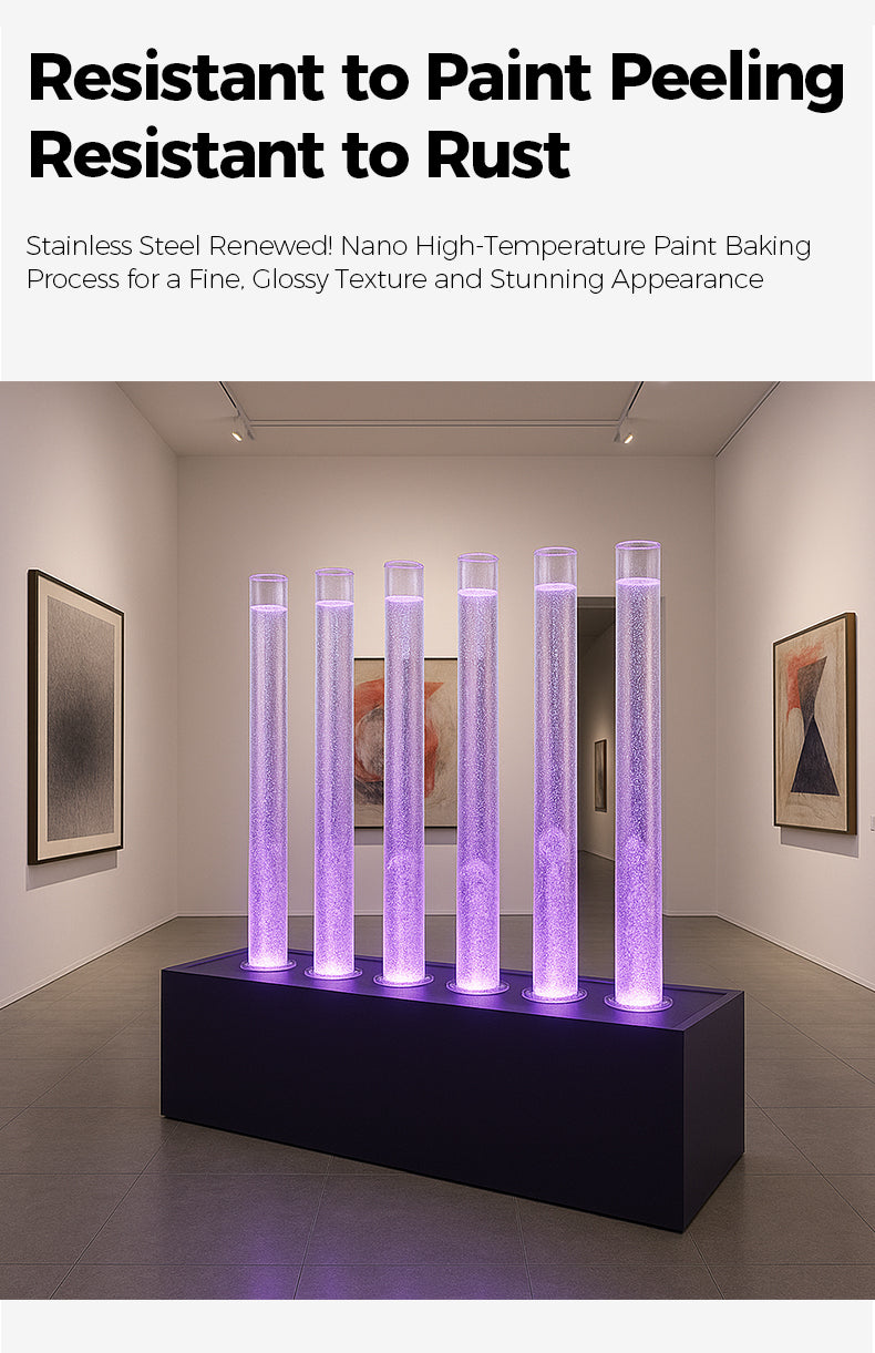 Stainless steel art installation with glowing purple lights in a gallery setting