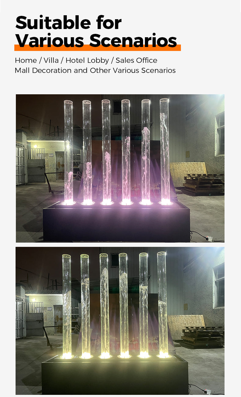 Decorative fountain with illuminated columns in various settings