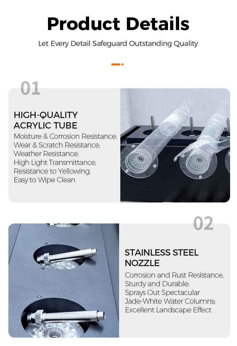 Product details of high-quality acrylic tube and stainless steel nozzle with text on quality and features.