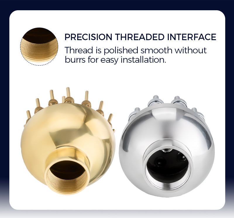 Gold and silver threaded metal components with text about precision threading interface.      