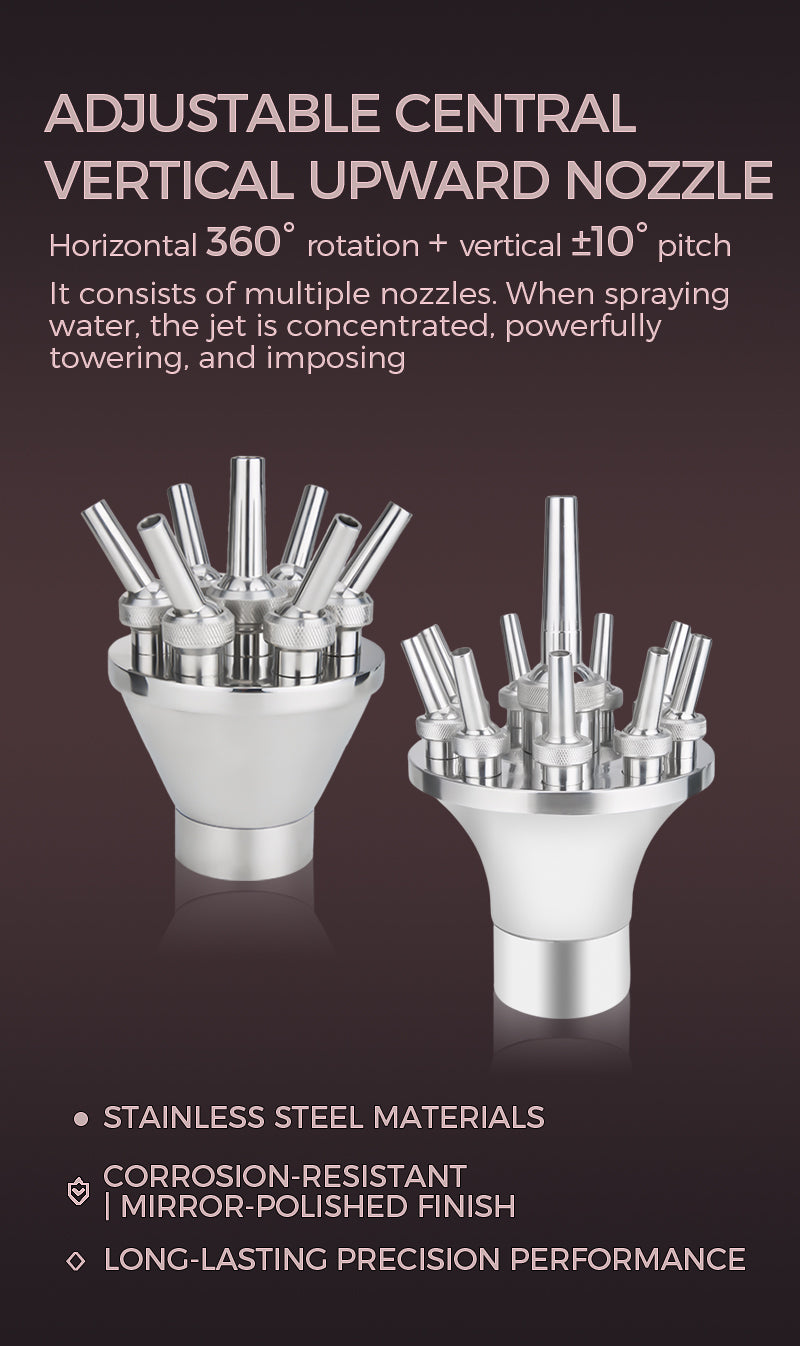 Two adjustable central vertical upward nozzles with specifications on a dark background
