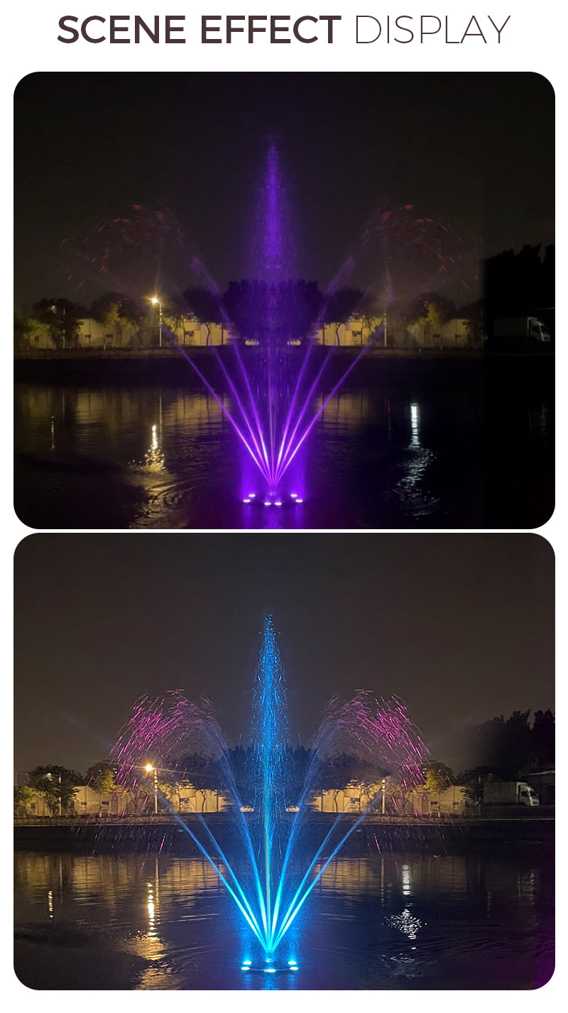 Fountain with colorful light show at night over a body of water.