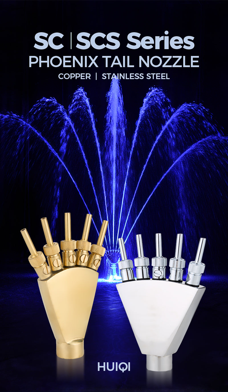SC SCS Series Phoenix Tail Nozzle with copper and stainless steel options on a dark background.