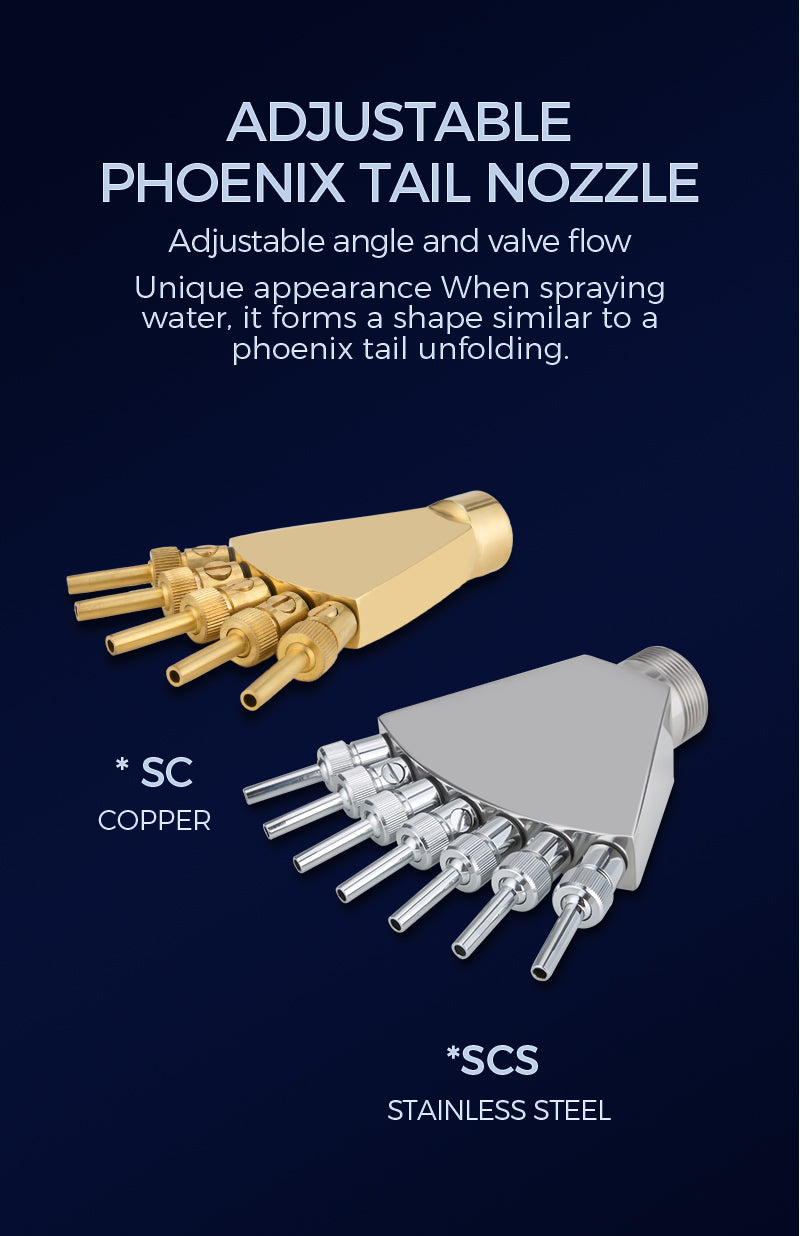 Adjustable Phoenix Tail Nozzle with copper and stainless steel options on a dark blue background