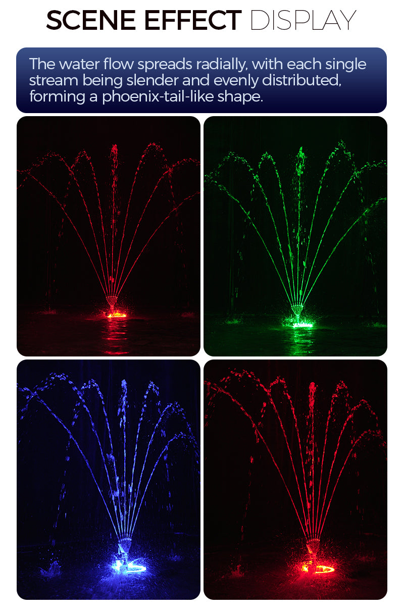Four images showing water flow patterns in red, green, blue, and red with a phoenix-tail-like shape.     