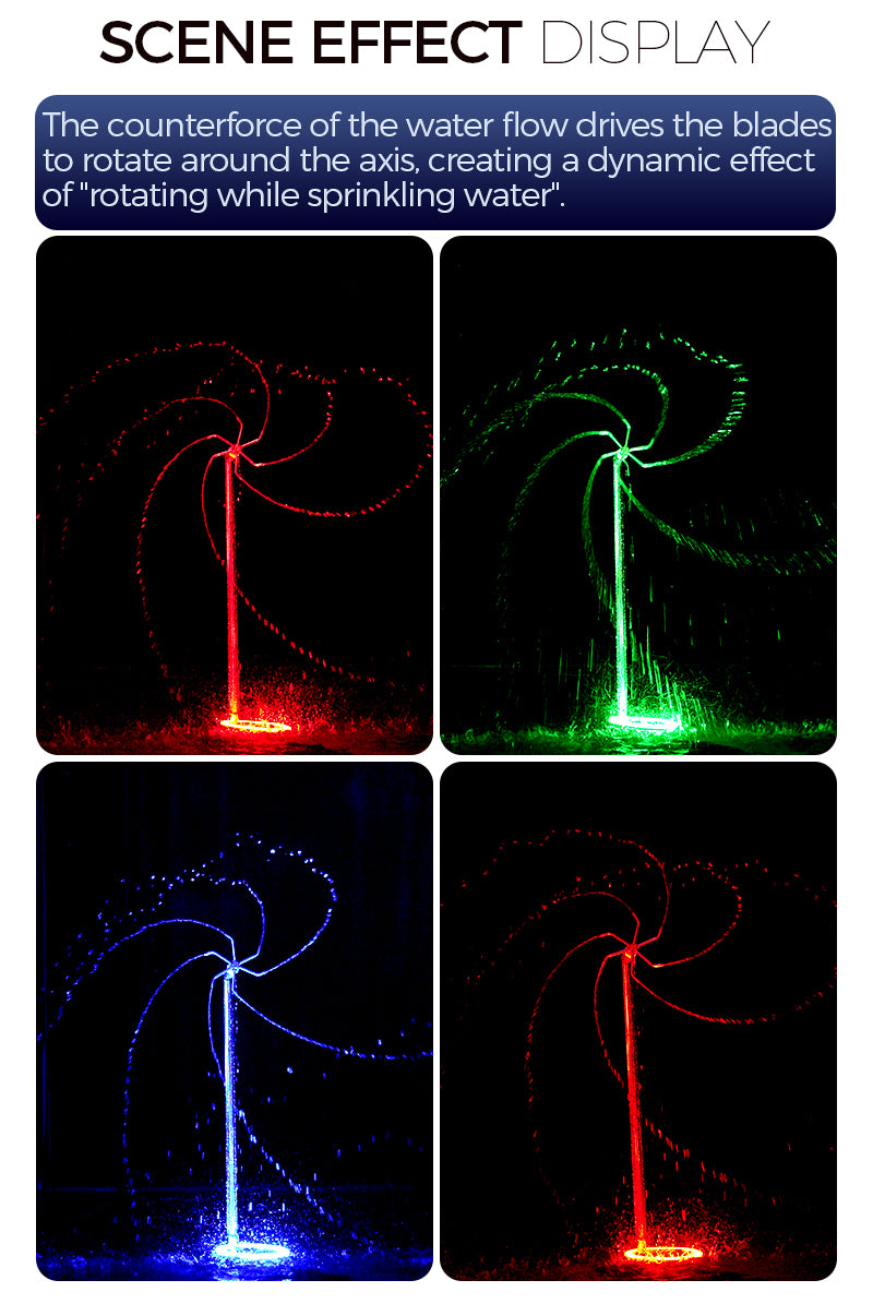  The counterforce of the water flow drives the blades to rotate around the axis. creating a dynamic effect of"rotating while sprinkling water".