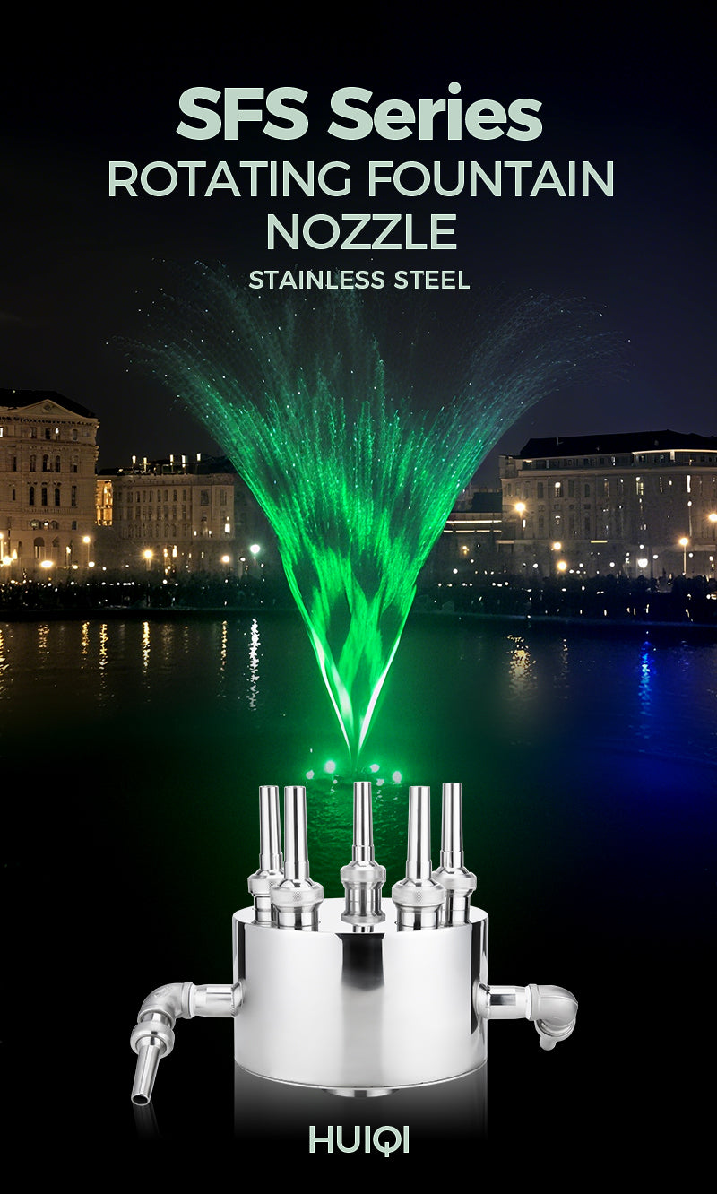SFS Series rotating fountain nozzle with green water spray against a cityscape background       