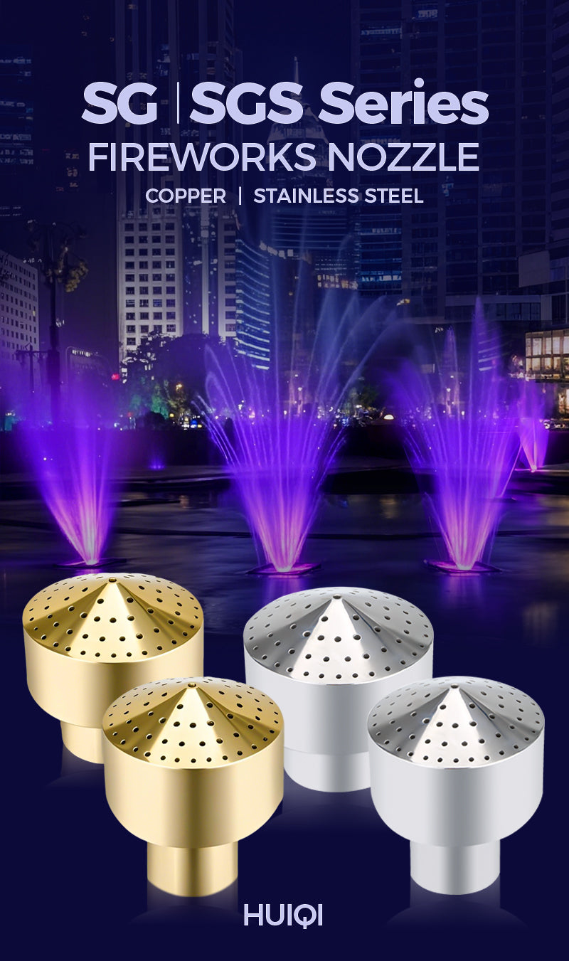 Fireworks nozzles with a cityscape background featuring purple water fountains.