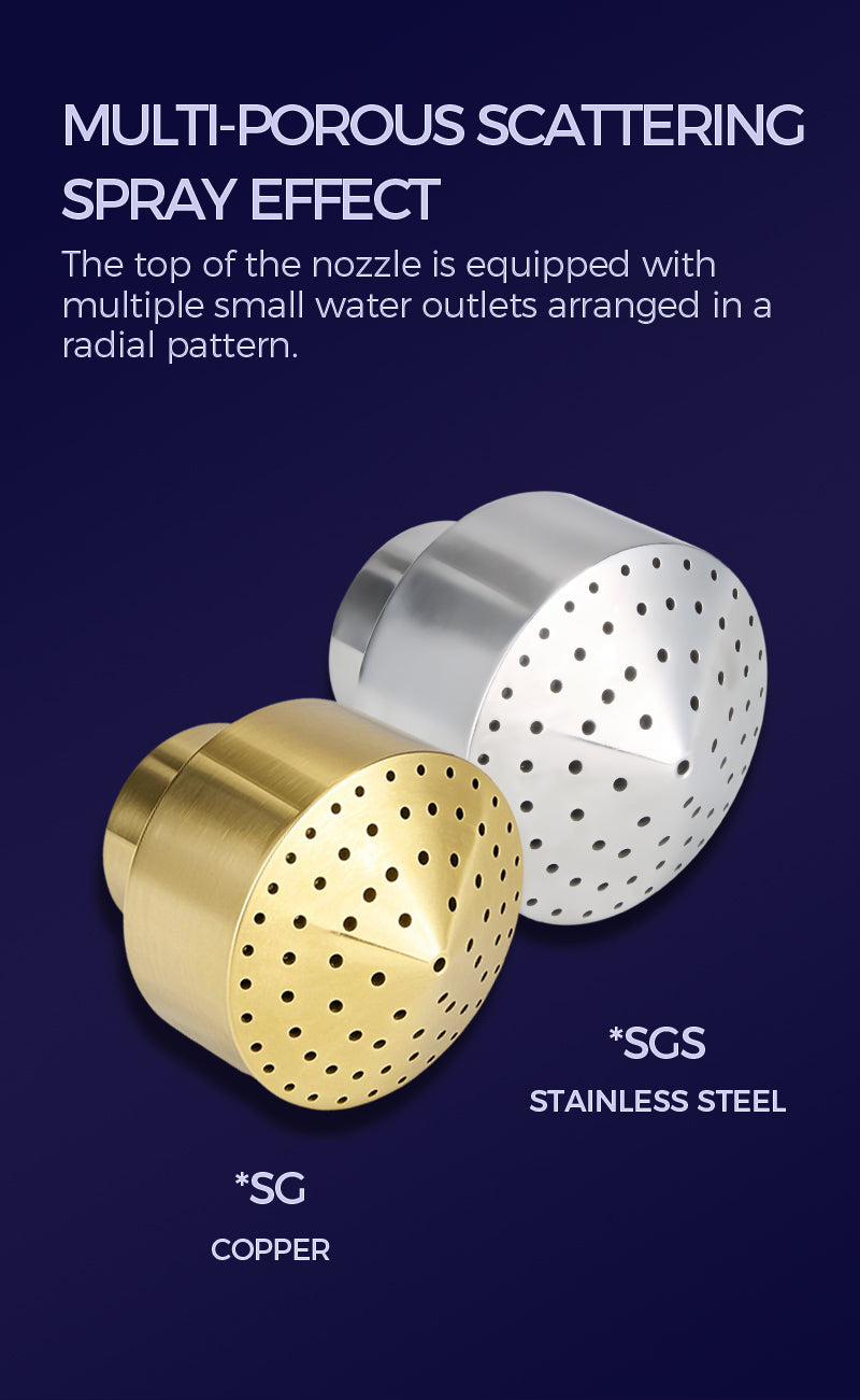 Porous scattering, spray effect, the top of the nozzle is equipped with a plurality of small water outlets arranged in a radial pattern.