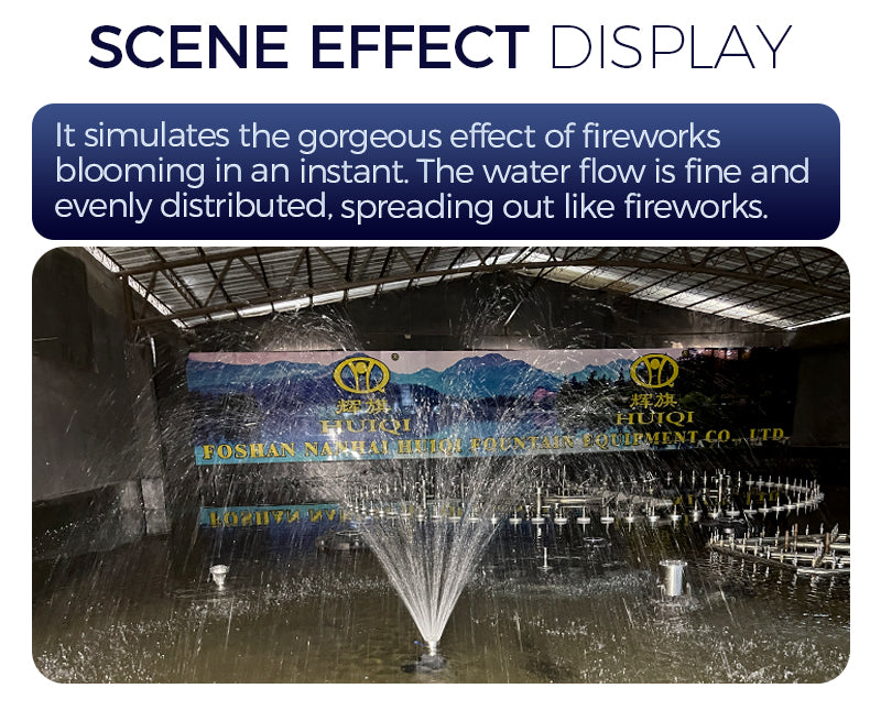 Fountain with water flow simulating fireworks, featuring a brand logo in the background.