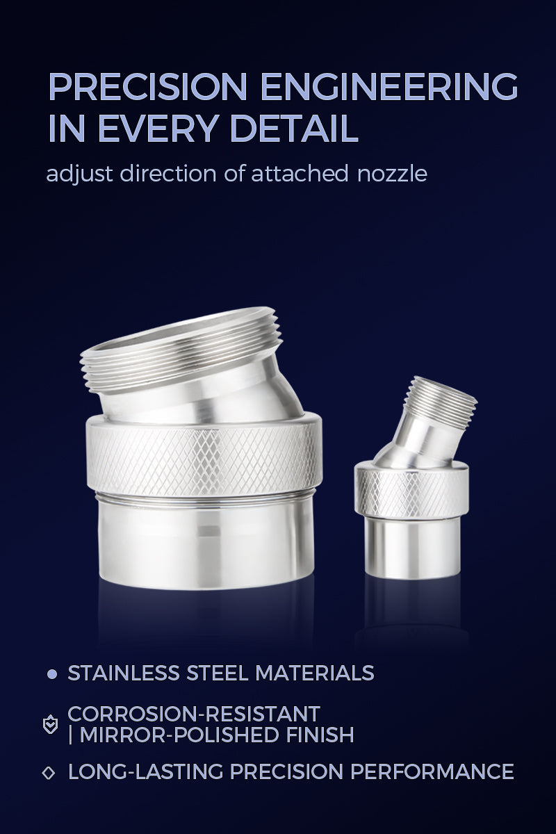Stainless steel nozzles with text highlighting features on a dark blue background