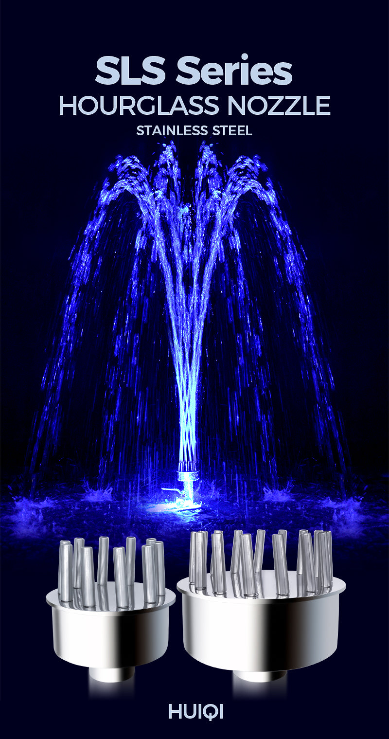 Hourglass nozzles with blue water feature against a black background, featuring the SLS Series branding.