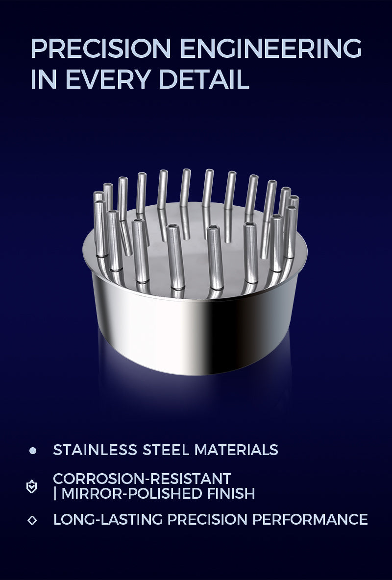Metal component with text highlighting precision engineering on a dark blue background