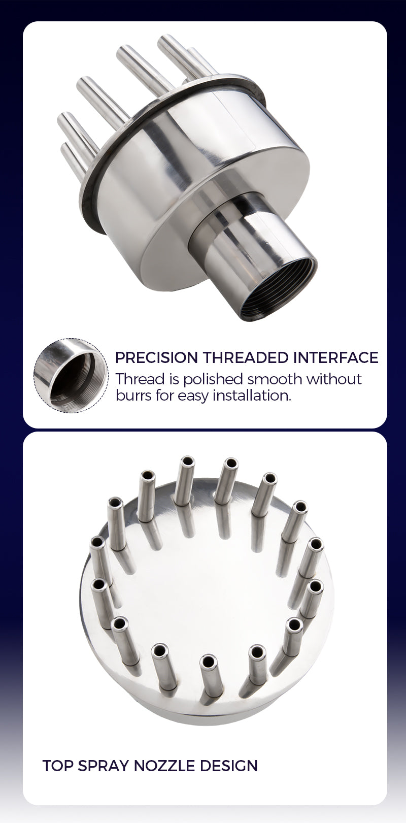 Metallic spray nozzle with threaded interface and top spray design on a white background.