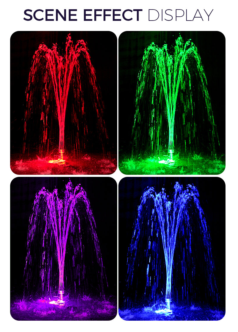 Four quadrants showing a water fountain with red, green, purple, and blue lights.