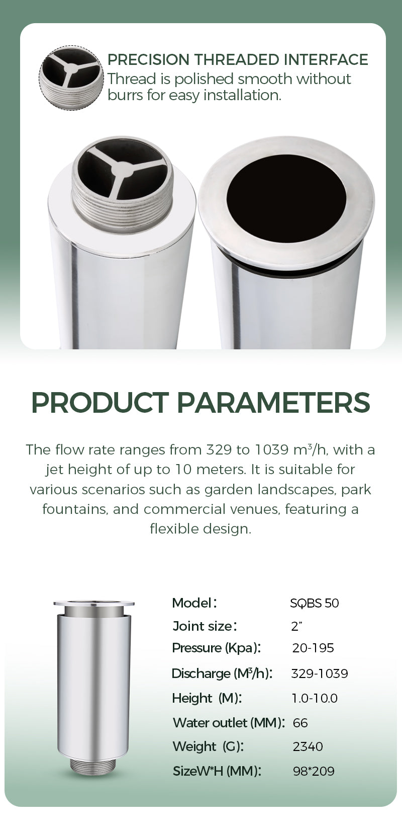 Product details of a plumbing fitting with specifications on a green background     