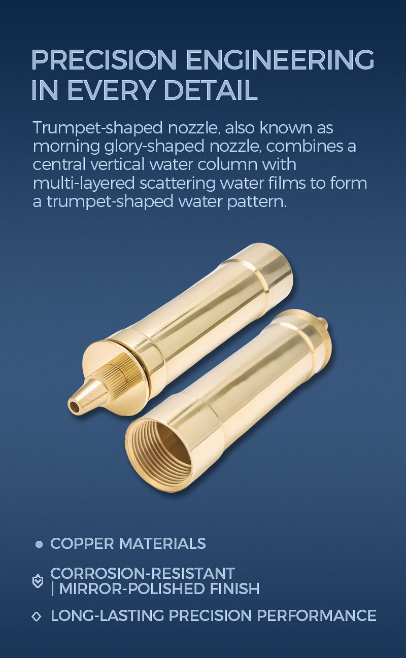 Gold trumpet-shaped nozzle on a blue background with text about its features.