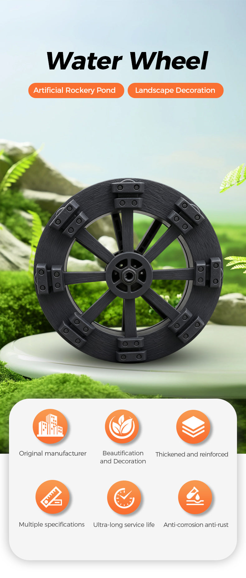 Black water wheel with greenery in the background and product features displayed.
