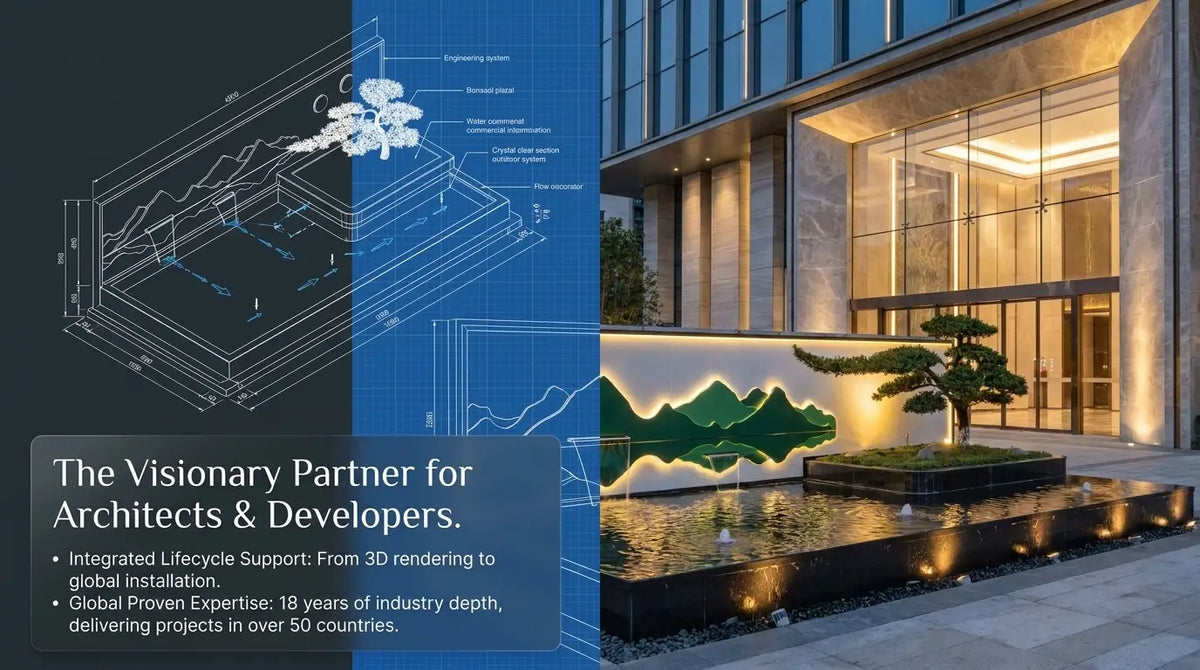 3D design rendering of custom water landscape for hotel development