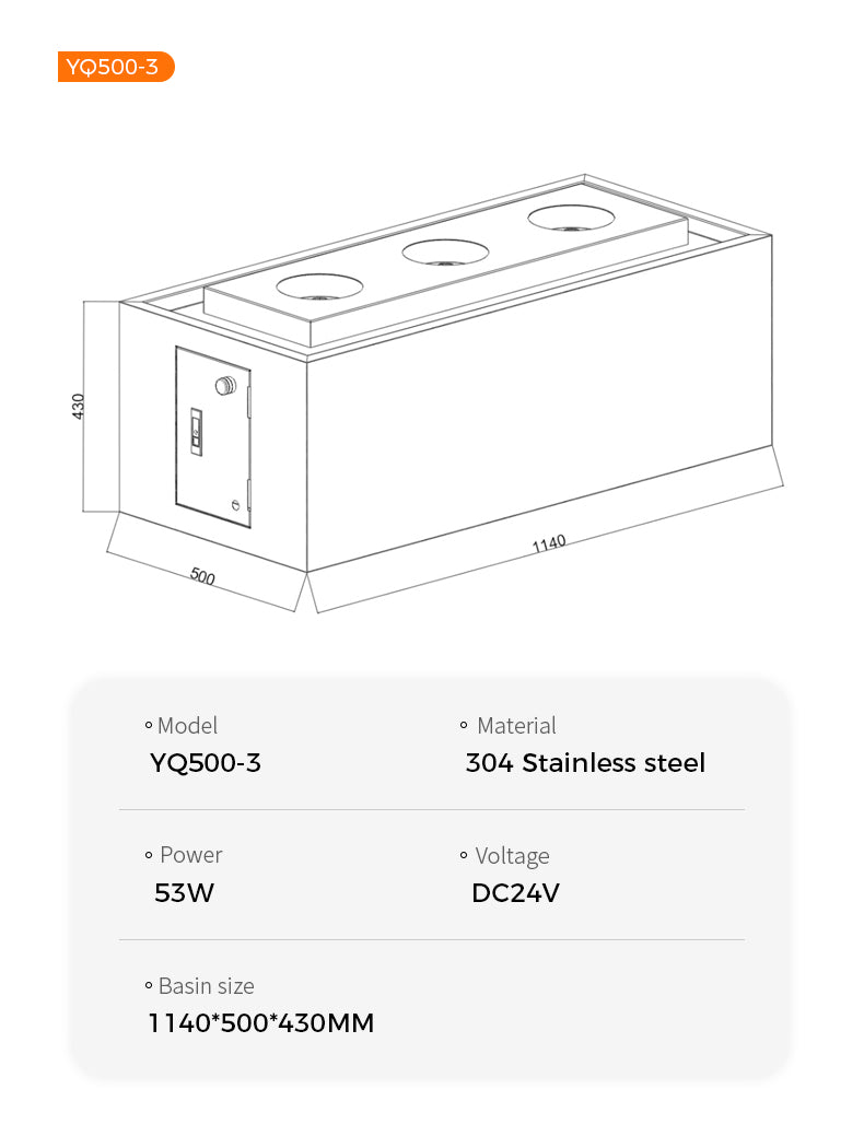 Technical drawing of a rectangular device with dimensions and specifications on a white background