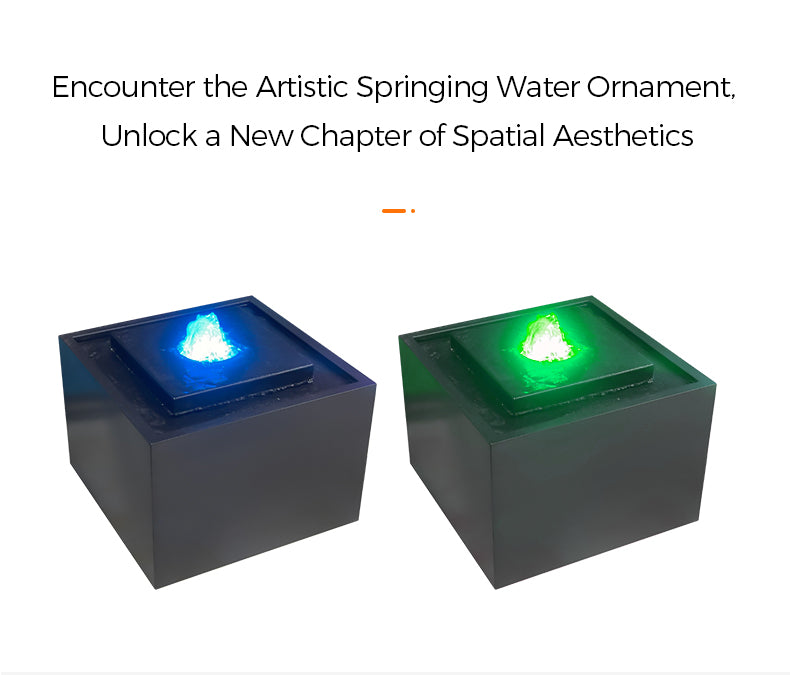 Two square water features with blue and green lights on a white background