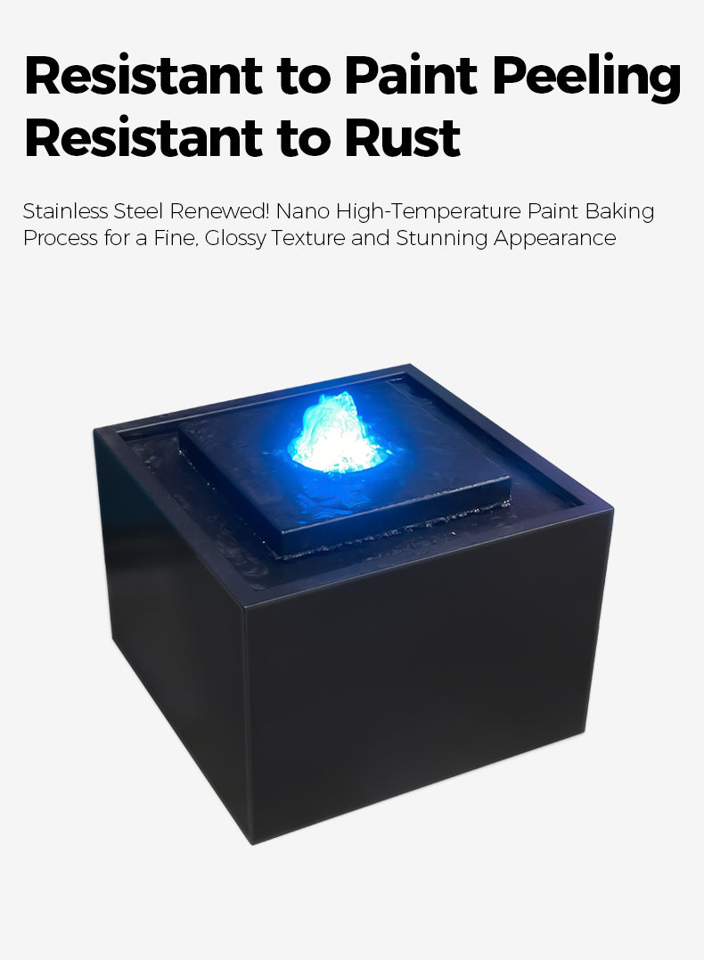 Black square object with blue glowing center on a white background, text about paint peeling resistance and rust resistance.