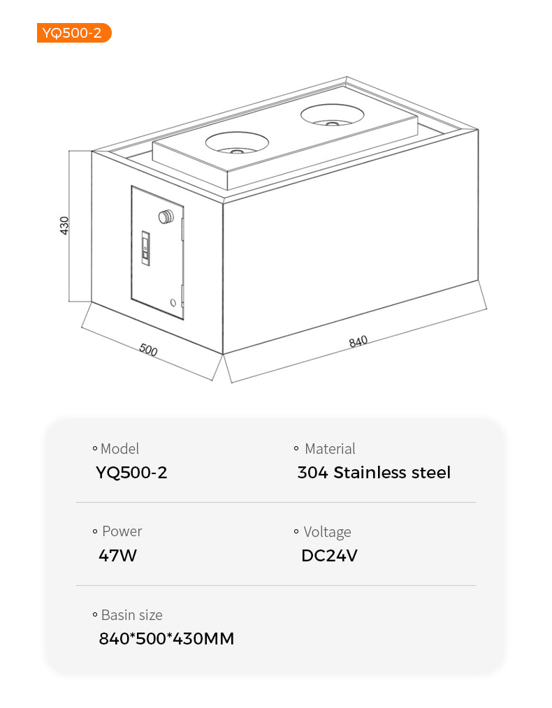 Technical drawing of a rectangular device with dimensions and specifications on a white background