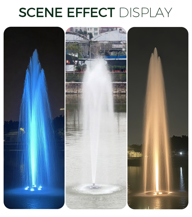 Three images of a fountain with different color effects on a black background.