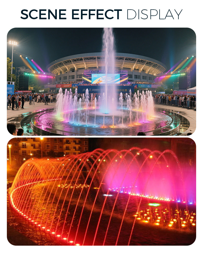 Fountain display with colorful lights in front of a large stadium.
