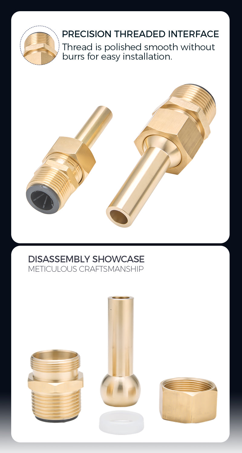 Brass plumbing connectors with text describing precision threaded interface and disassembly showcase.