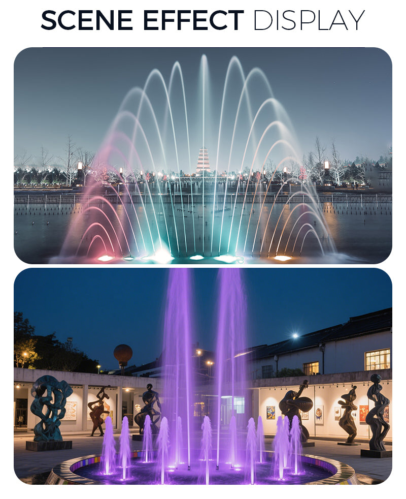 Two scenes of fountains with colorful lighting effects at night.